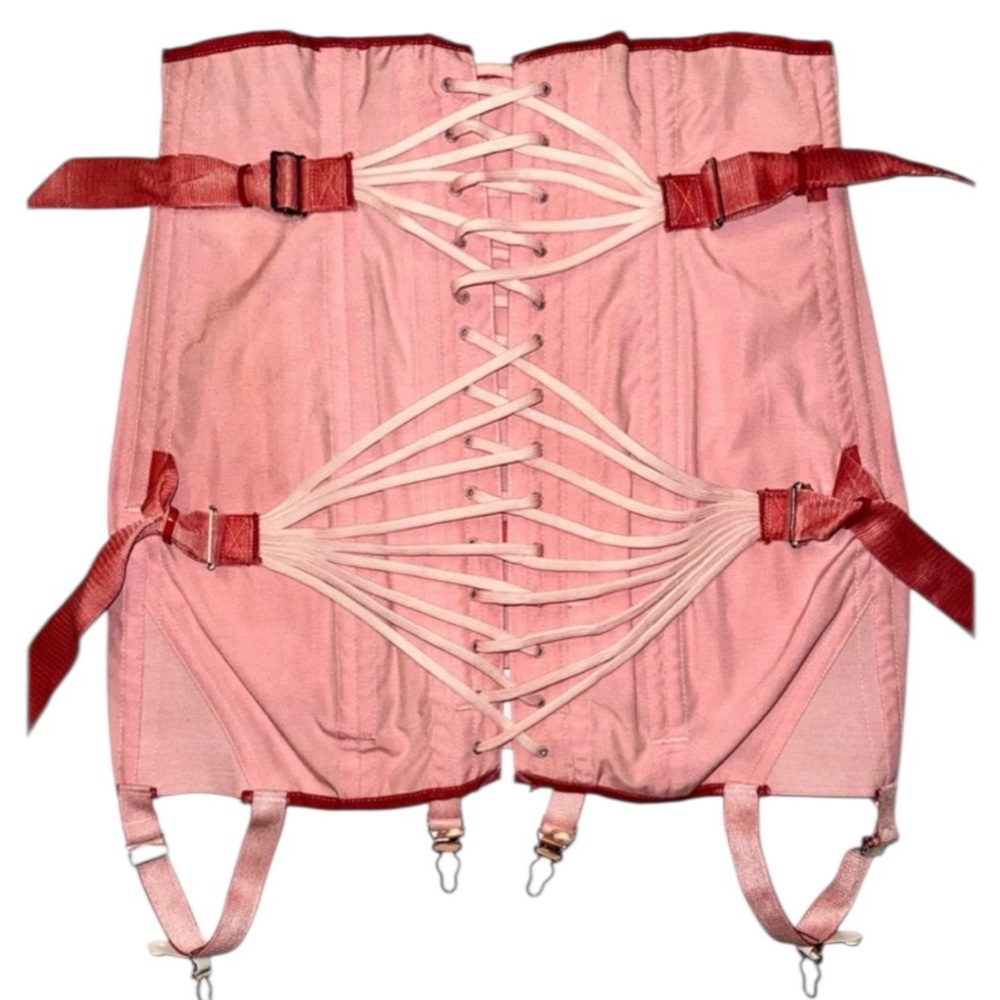 50s Inspired Hand Dyed Pink/Red Fan Laced Boned Open Bottom Girdle w 4 Garters